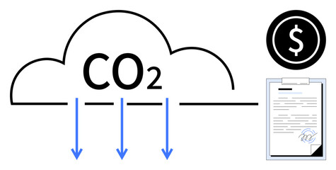 CO2 cloud with blue arrows pointing downward, document with signature, money icon. Ideal for climate change, carbon reduction, investment, sustainability, environmental policy, clean energy simple