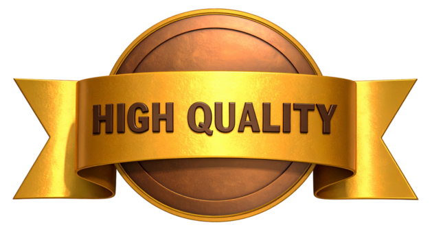 Bronze medal with a golden ribbon that has the phrase "HIGH QUALITY" written on it