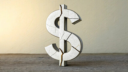 A broken dollar currency symbol stands as a fail market icon on wall for finance business illustration