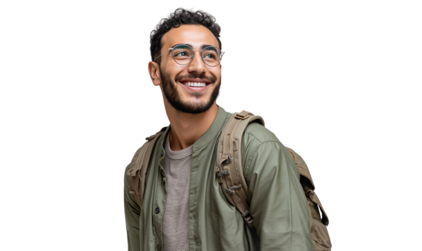 Smiling young man with glasses, wearing a backpack and looking up, isolated on transparent background