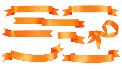 Obraz premium Nine elegant, bright orange ribbon banners with varying designs on a stark black background