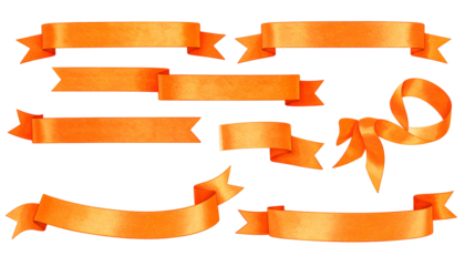 Nine elegant, bright orange ribbon banners with varying designs on a stark black background