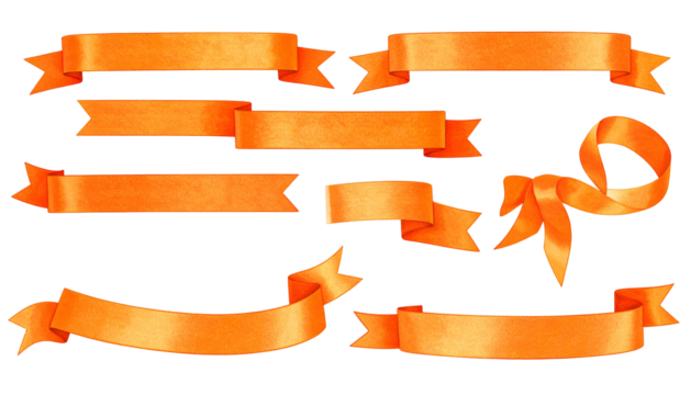 Nine elegant, bright orange ribbon banners with varying designs on a stark black background