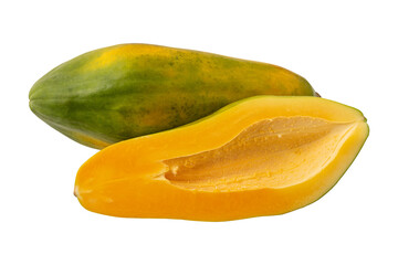 Fresh ripe whole and sliced yellow papaya fruit Isolated on transparent background