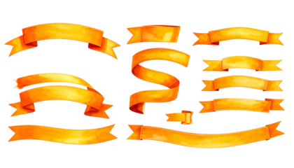 A set of watercolor-style golden ribbons in various forms, on a transparent background