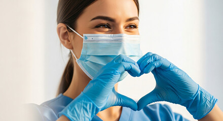 Smiling Woman Wearing Mask Making Heart Shape with Hands