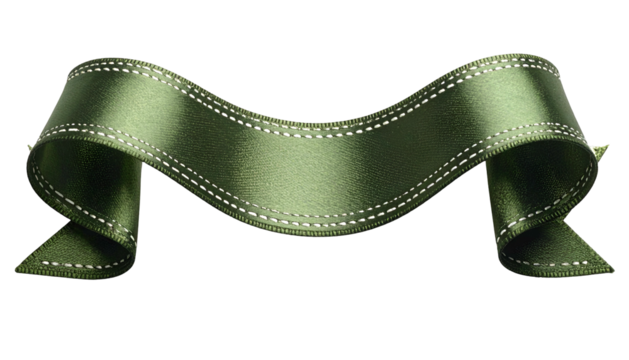 Glossy green ribbon, with white stitching border, isolated on black, elegant design