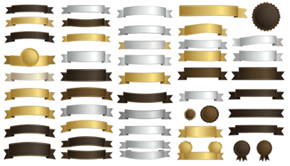 A collection of various horizontal ribbons and circular badges in gold, silver, and brown hues