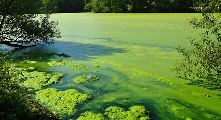 Sunlit freshwater pond completely covered in a thick green algal bloom.