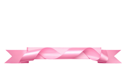 Glossy pink ribbon banner with curled center detail, isolated on a black background