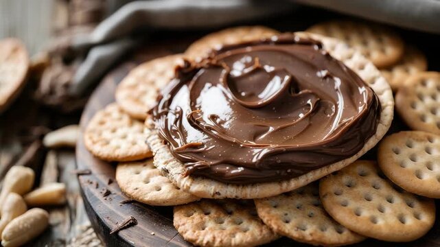 Round crackers spread with smooth chocolate on wooden board