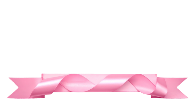 Glossy pink ribbon banner with curled center detail, isolated on a black background