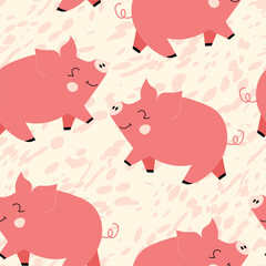 Vector flat animals colorful illustration for kids. Seamless pattern with cute pig on color floral background. Adorable cartoon character. Design for textures, card, poster, fabric, textile.