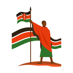 Maasai Warrior Holding Spear with Waving Kenyan Flag