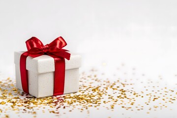  Clean white background with small wrapped gift, red ribbon, golden confetti, copy space for design, for banner and greeting cards. High quality photo