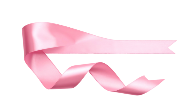 A flowing, curled pink ribbon against a stark black background, showcasing graceful curves and texture