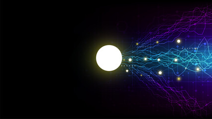 Electricity sparkle with energy ball on digital circuit. Hub network signal. Abstract algotithm technology background. Lightning power and glow circle