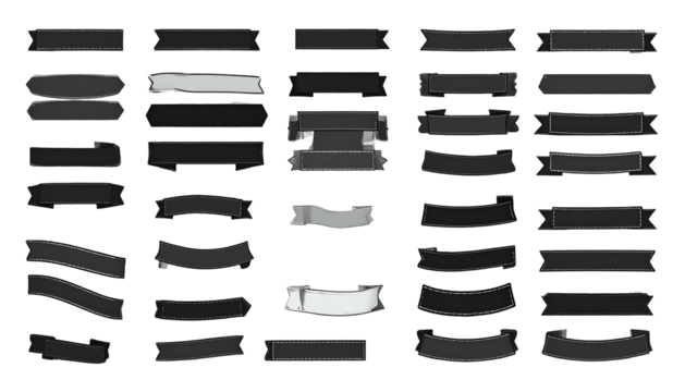 Assortment of monochrome, stylized ribbons in various shapes and designs on black backdrop