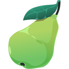 A bright green pear with a single dark green leaf and stem against a transparent background with smooth shading and highlights