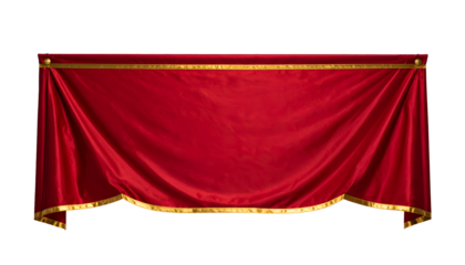 Rich red curtain with gold trim, swagged and pinned on a black background