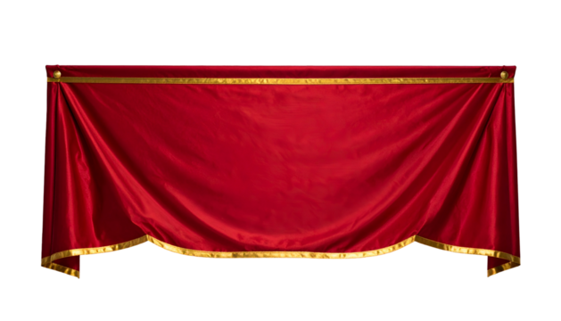 Rich red curtain with gold trim, swagged and pinned on a black background
