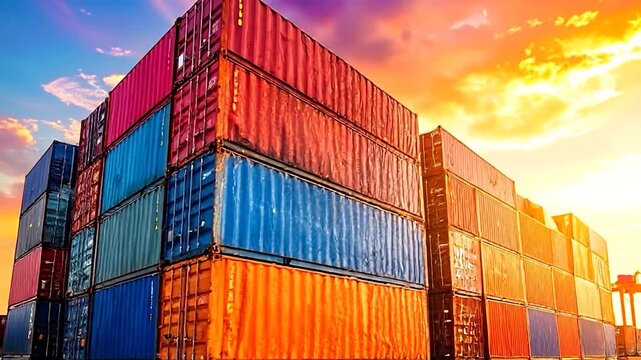 A stack of colorful shipping containers bathed in warm sunset hues