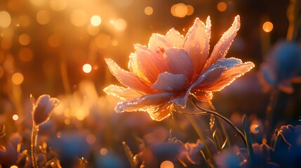 Ethereal lotus flower bathed in golden sunset light, sparkling dew drops