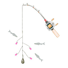 ワカサギ釣り 魚釣り　釣り竿 ロッド　水彩 イラスト