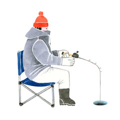 ワカサギ釣り 魚釣り　人物　水彩 イラスト