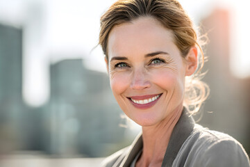 Fototapeta premium A confident woman smiling warmly with a softly blurred building background