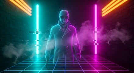 Obraz premium Mysterious Figure in Neon Lit Cyberpunk Environment with Smoke and Grid.