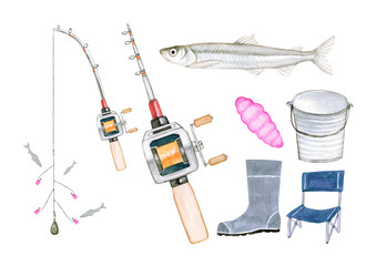 ワカサギ釣り 魚釣り　釣り道具 セット　水彩 イラスト