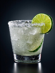 Fototapeta premium Refreshing margarita cocktail with lime and salt rim in a glass with condensation Concept of summer drink, party, celebration, and alcoholic beverage
