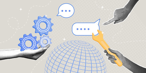 Optimizing global communication and support. Trendy halftone collage. Concept for business improvement, creative thinking, and problem solving.