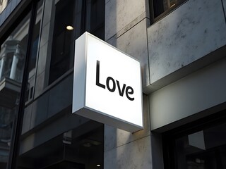 Obraz premium White glowing sign displays Love in black, fixed to a modern dark urban facade, horizontal composition. The clean lines and monochrome aesthetic create an impactful urban branding visual.