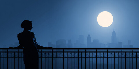 Elegant woman silhouette admiring full moon over cityscape at night Concept of contemplation, urban solitude, and nighttime beauty