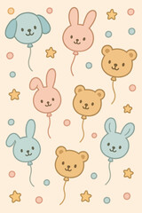 Cute Animal Vector Pattern with Bunny Bear and Dog Faces in Pastel Colors in Minimalist Style