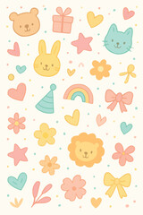 Cute Pastel Vector Pattern with Animal Faces Hearts Flowers Bows and Rainbows in Soft Color Palette Modern Decorative Style