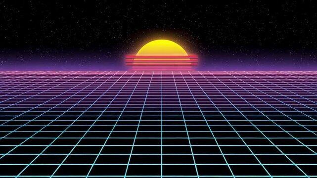 Retro sunset over a digital landscape with vibrant grid pattern