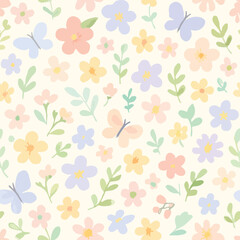 Vector Pattern Floral Design with Pastel Flowers and Butterflies in Modern Organic Style