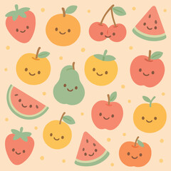 Cute Fruit Vector Pattern with Smiling Watermelon Peach Cherry and Strawberry Elements in Modern Organic Style in Pastel Colors