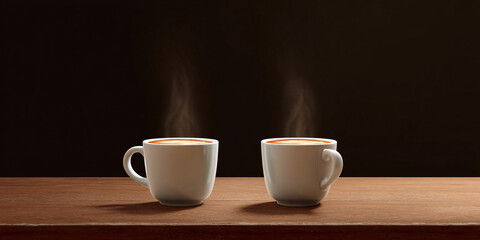 Two steaming cups of coffee on a wooden table against a dark background Concept of morning, togetherness, and relaxation