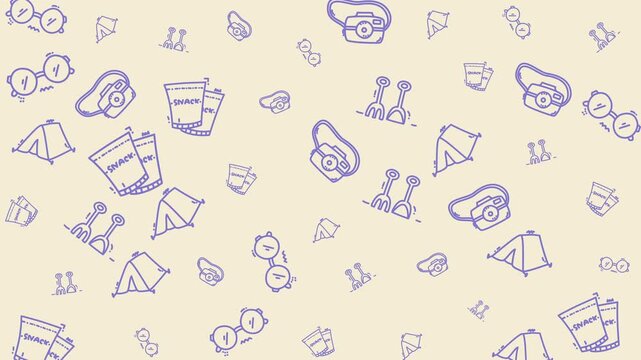 Pattern holiday doodles of camping essentials tents, snacks. Suitable for backgrounds, digital papers, prints, and products with a fun, outdoorsy theme.