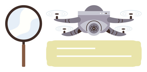 Surveillance quadcopter flies next to a magnifying glass symbolizing data analysis, exploration, and monitoring. Ideal for security, research, innovation, technology, investigation, analytics