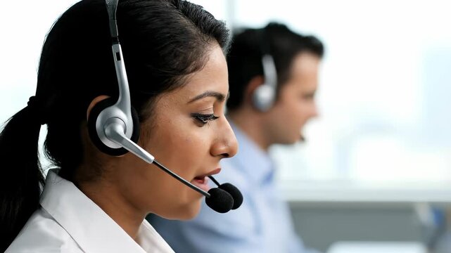 Female call center agent wearing headset talks with customer in office. A helpful shot, conveys business support and assistance. . Customer service, online consultation, communication solutions.