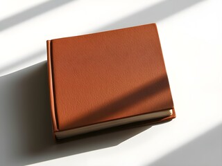a closed brown book with a blank cover on a table