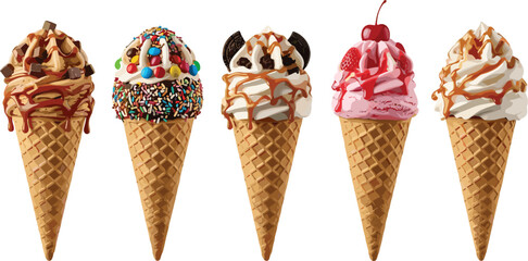 Ice cream cones, chocolate syrup, colorful toppings, cookies and cream, whipped cream, caramel drizzle, cherry dessert, sweet treat, summer snack, frozen dessert, candy topping, waffle cone