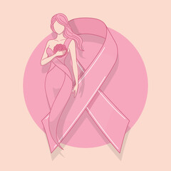An illustration of a woman touching a rose on her chest with a pink awareness ribbon. Perfect for celebrating Breast Cancer Awareness Day on October 13th.