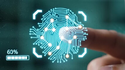 Finger on screen, activating fingerprint scanner. A close-up image of technology use. Biometric access, system security, digital identification. - Powered by Adobe