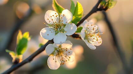 Delicate white blossoms glow in warm golden hour sunlight